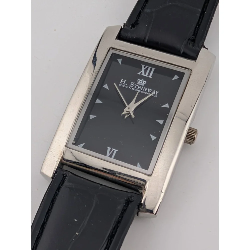 H Steinway Tank Watch Men 26mm Case Black Faux Leather Band w/ Box- New Battery